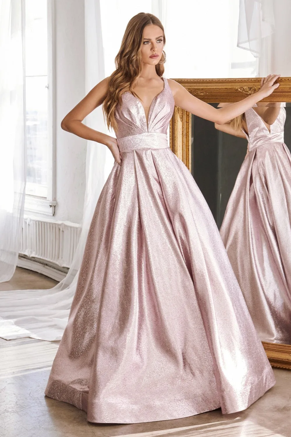 Metallic Prom Pleated Bustline with Glittery Princess Skirt and Pockets