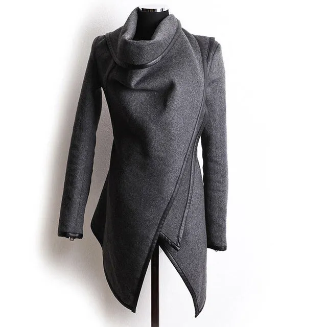 New Autumn Winter Trench Coat Women Irregular Collar Lapel Side Zipper Woolen Coat Women Loose Sweater Outwear Plus Size