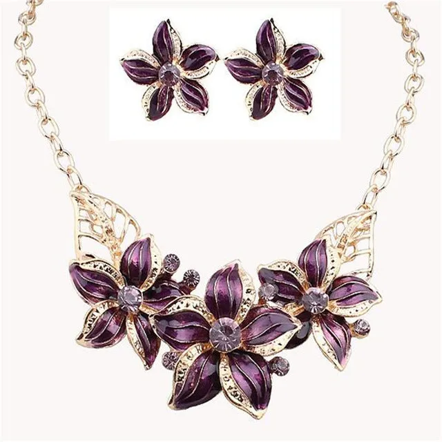 New Jewelry Sets Necklace Earrings Crystal Enamel Flower African Maxi Statement Jewelry Wedding Bridal Pendant Dress Accessories