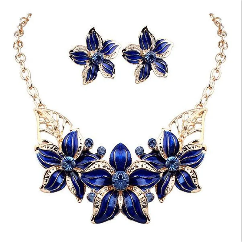 New Jewelry Sets Necklace Earrings Crystal Enamel Flower African Maxi Statement Jewelry Wedding Bridal Pendant Dress Accessories