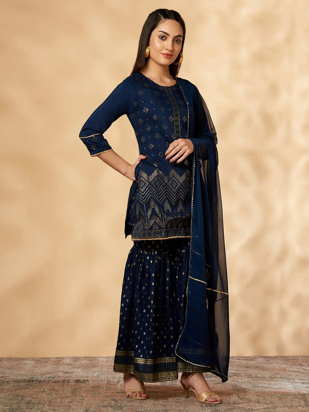 Printed Navy Blue Kurta Set