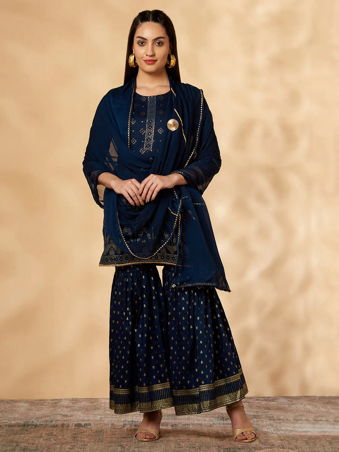 Printed Navy Blue Kurta Set