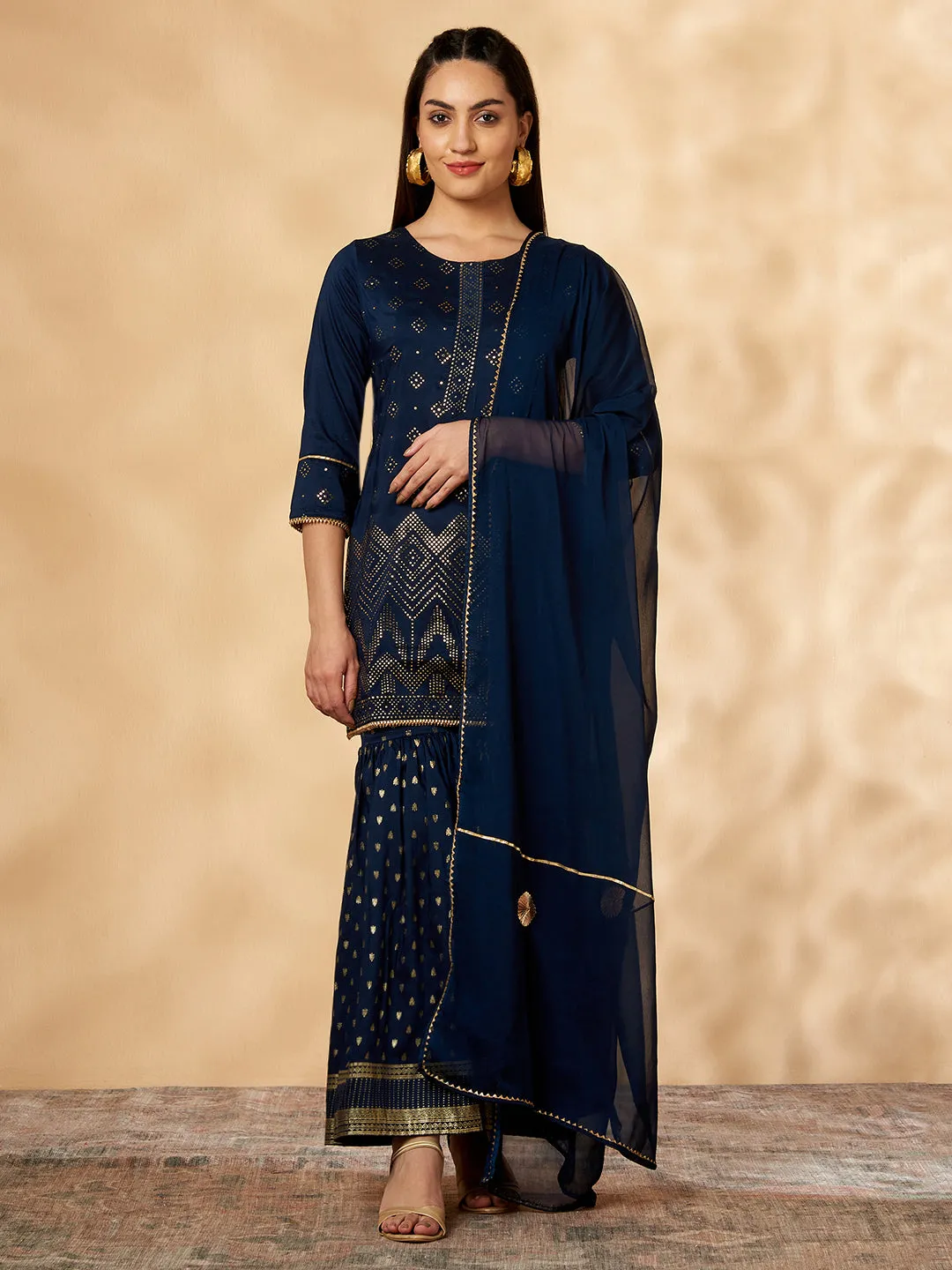 Printed Navy Blue Kurta Set