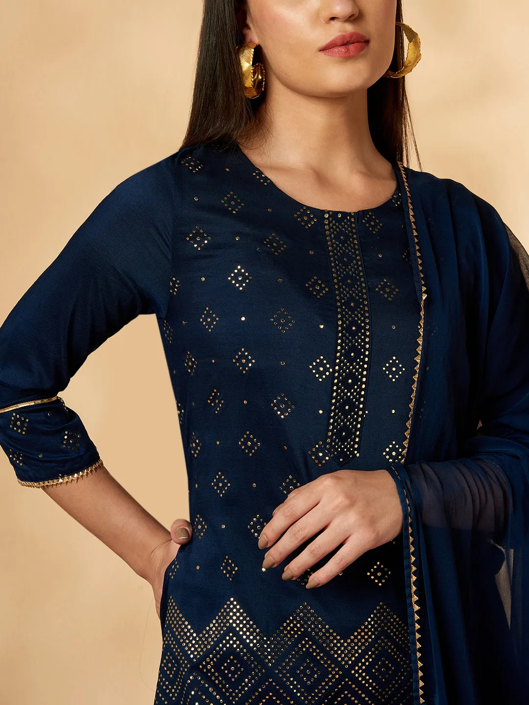 Printed Navy Blue Kurta Set