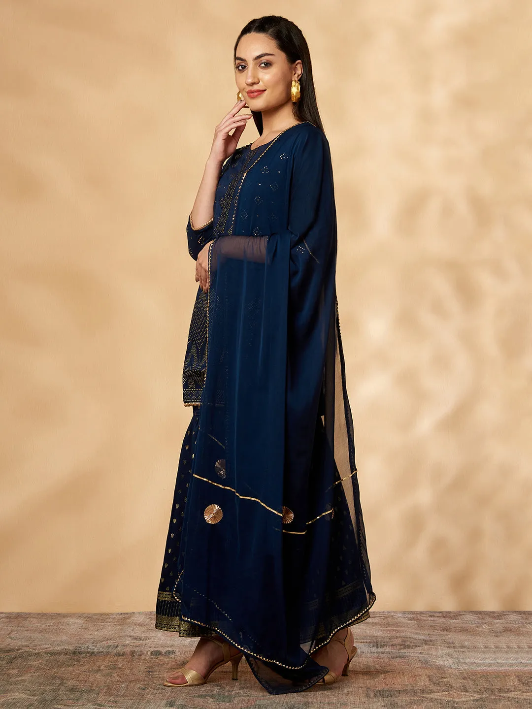 Printed Navy Blue Kurta Set