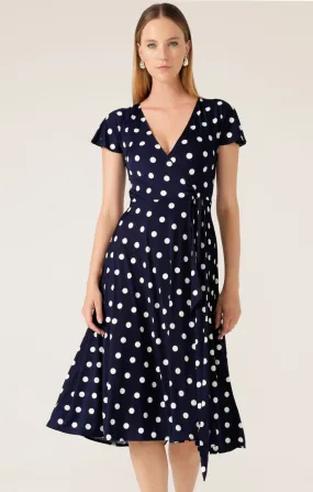 REVERSE WRAP MIDI DRESS IN NAVY WHITE SPOT