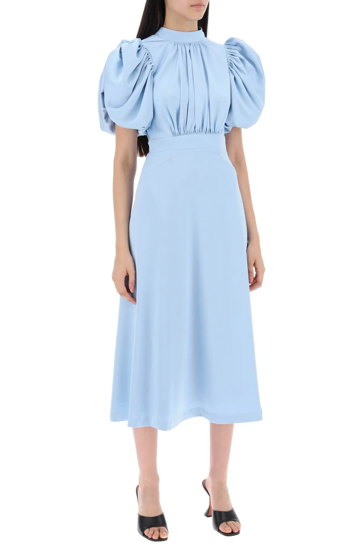 Rotate Midi Satin Dress With Balloon Sleeves