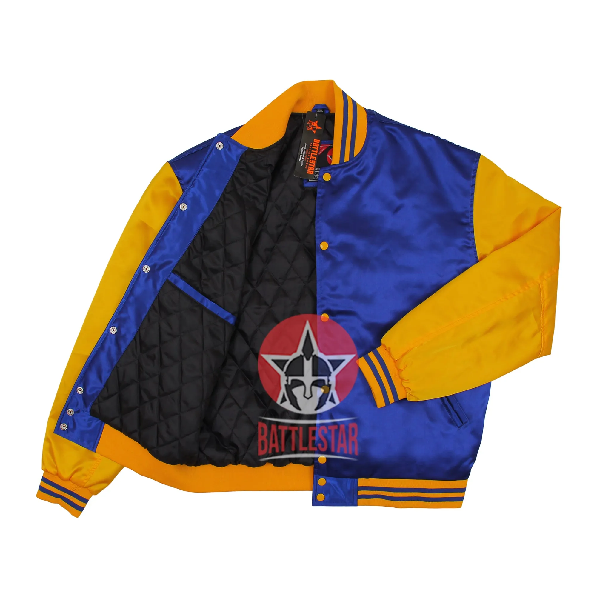 Royal Blue and Gold Yellow Satin Varsity Baseball Jacket