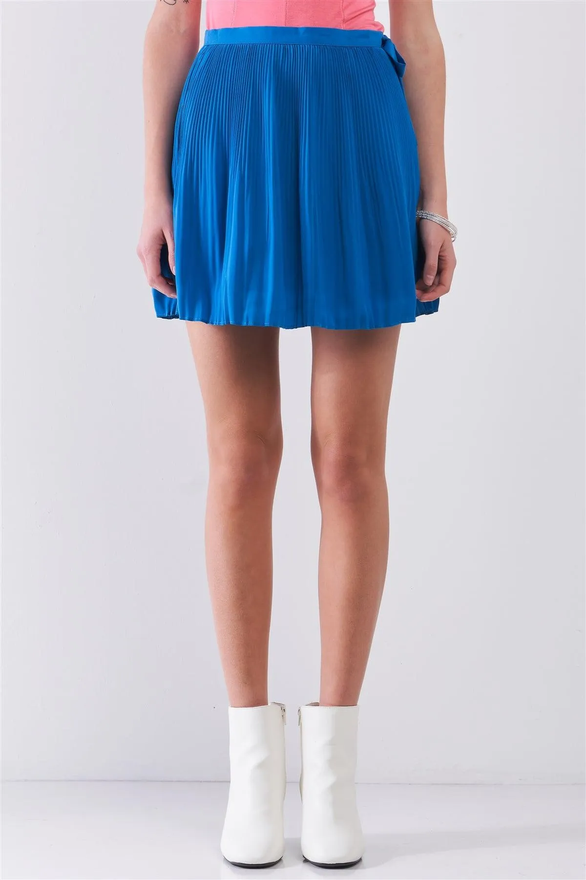 Sapphire Blue Pleated Side Self-Tie Bow Detail High Waist Flare Mini Skirt /1-1-2-1