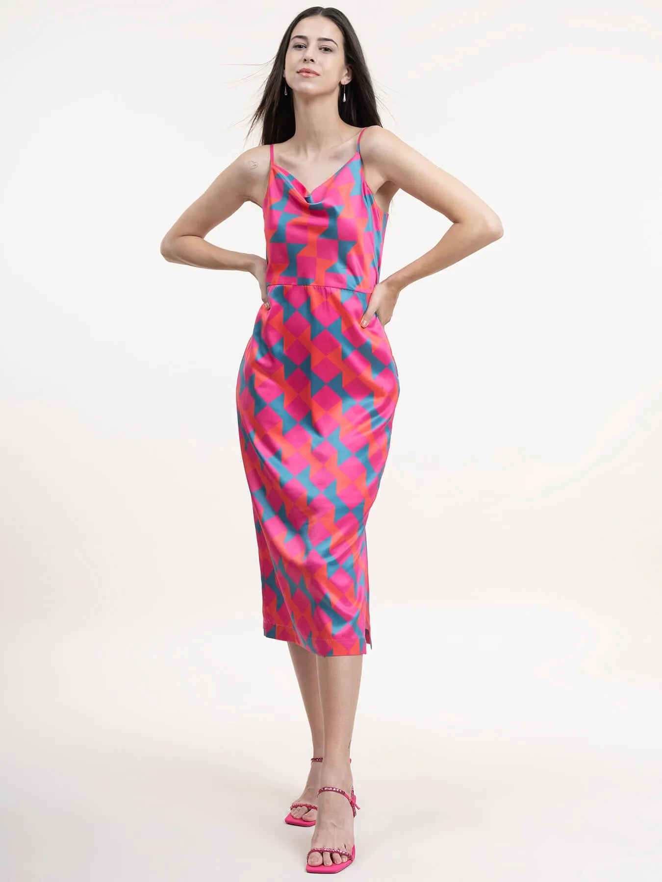 Satin Cowl Neck Slip Dress - Fuchsia and Teal