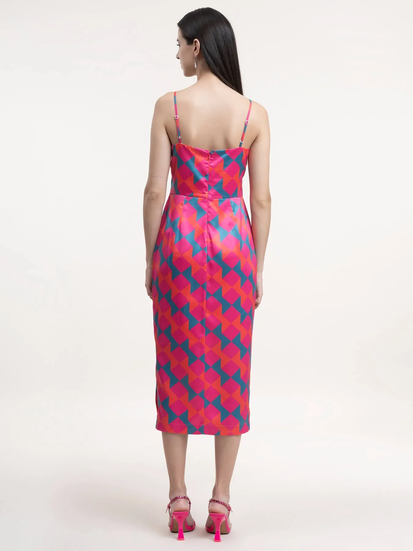 Satin Cowl Neck Slip Dress - Fuchsia and Teal