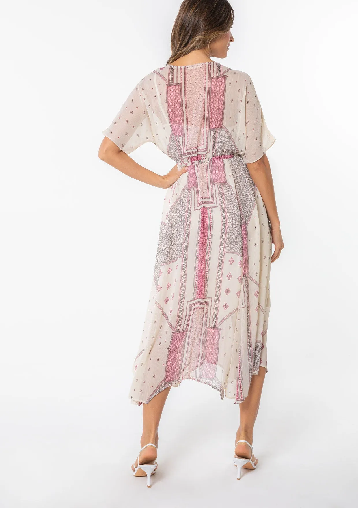 Sheer Chiffon Handkerchief Button Front Midi Dress