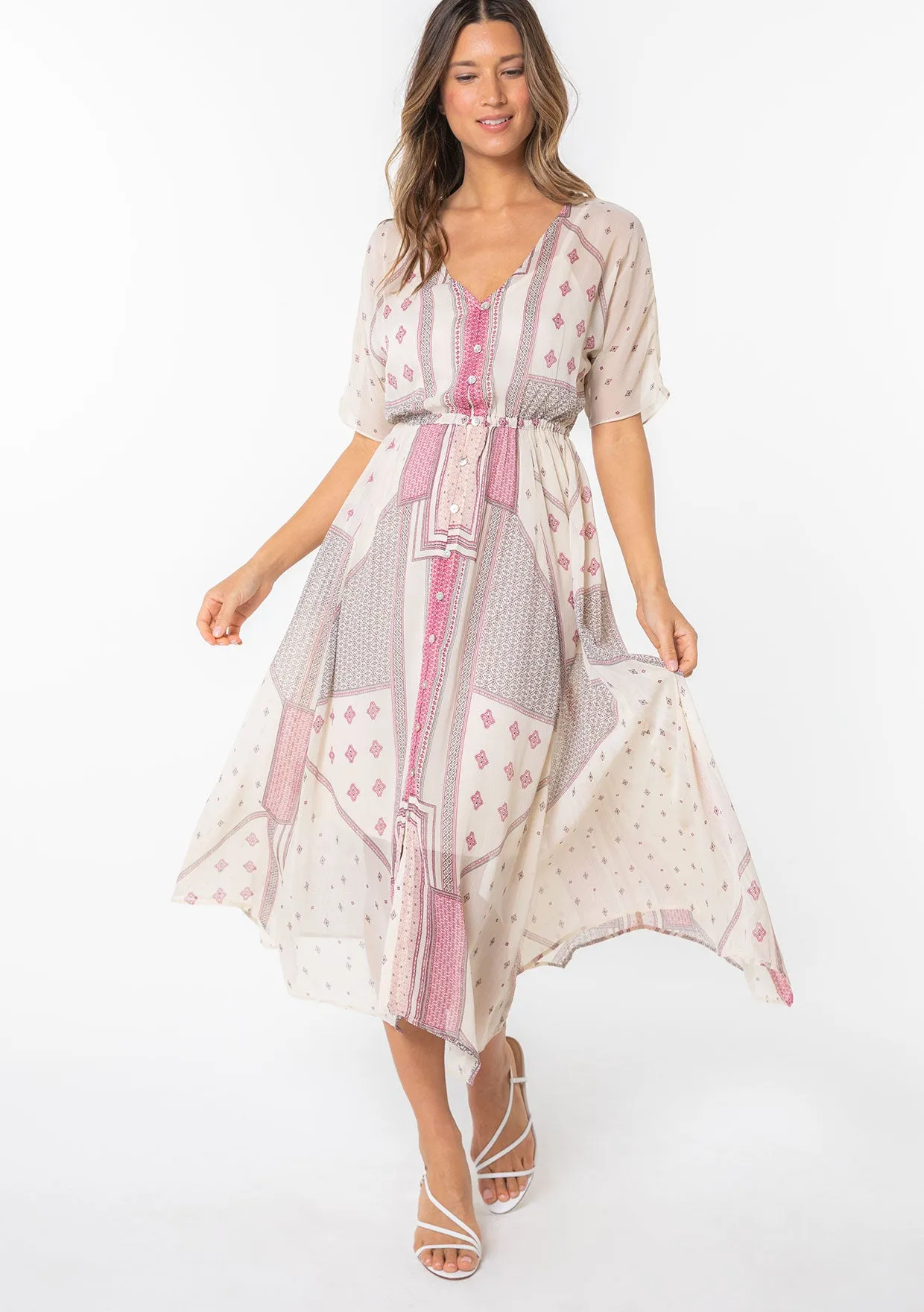 Sheer Chiffon Handkerchief Button Front Midi Dress