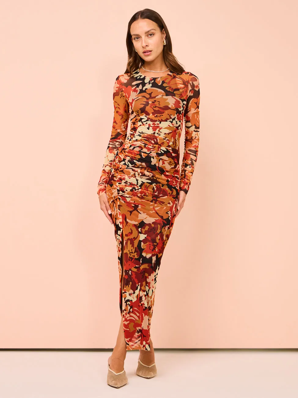 Shona Joy Rubi Gathered Midi Dress in Tangerine/Multi