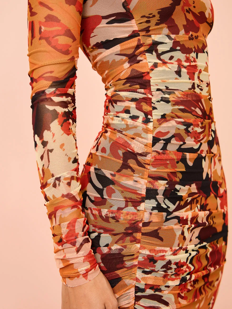 Shona Joy Rubi Gathered Midi Dress in Tangerine/Multi