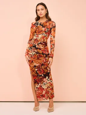 Shona Joy Rubi Gathered Midi Dress in Tangerine/Multi