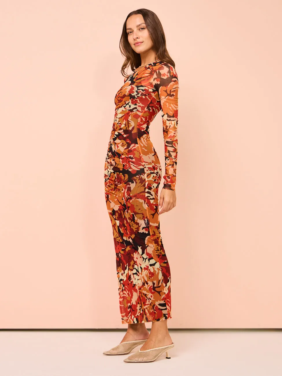 Shona Joy Rubi Gathered Midi Dress in Tangerine/Multi