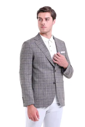 Slim Fit Notch Lapel Plaid Linen Khaki Classic Blazer