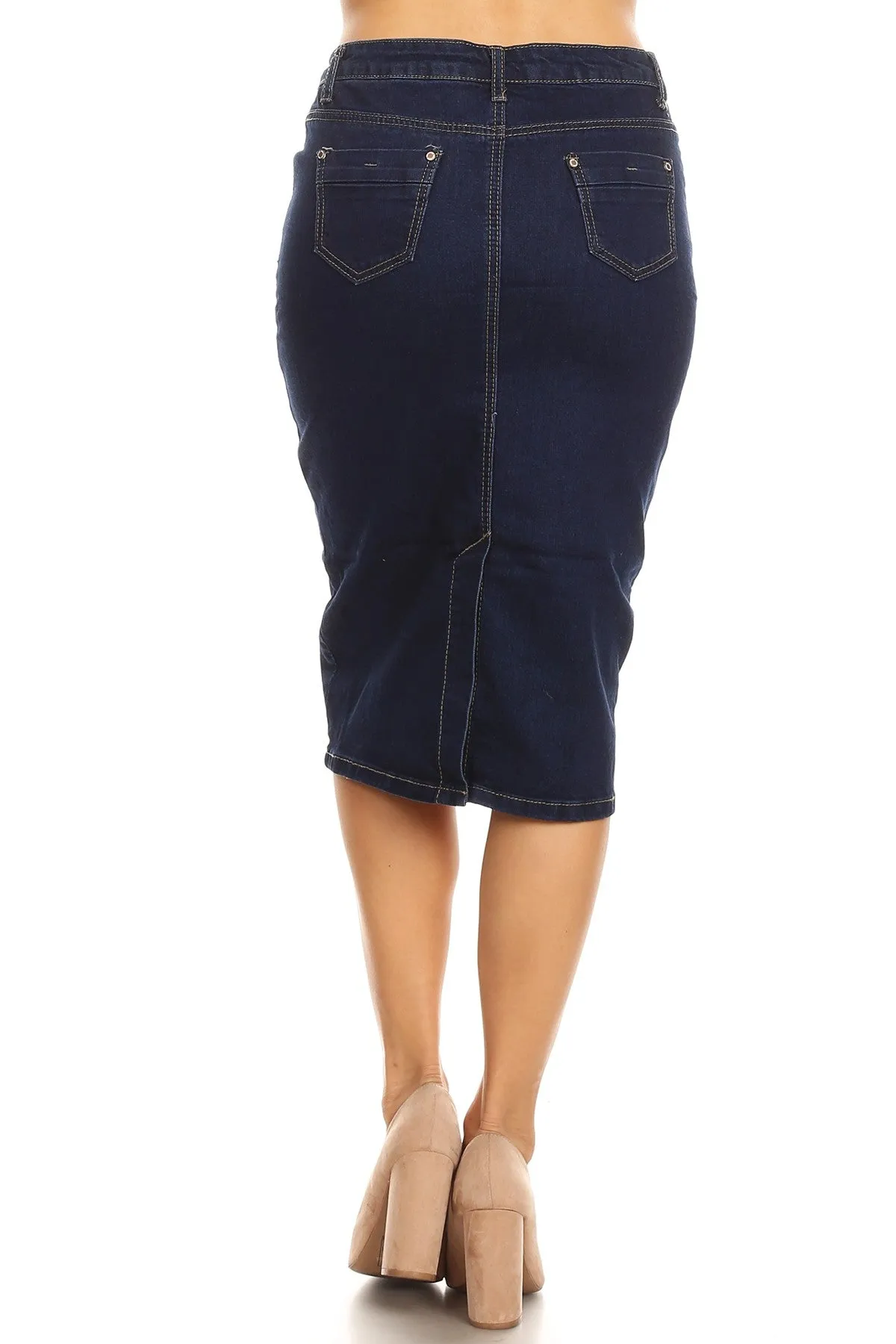 Solid Denim Skirt Below Knee Length