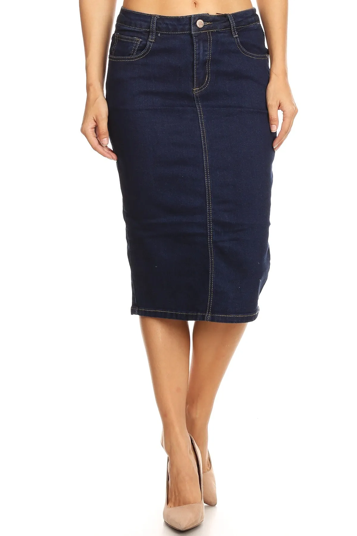 Solid Denim Skirt Below Knee Length