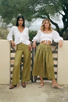 The Clara Flared Linen Trousers in willow green - Sample