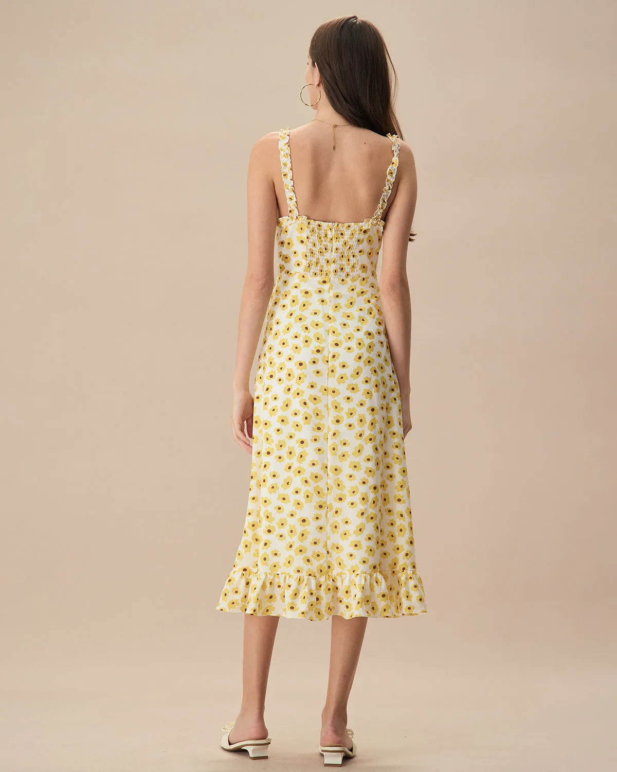 The Yellow Daisy Ruffle Slip Midi Dress