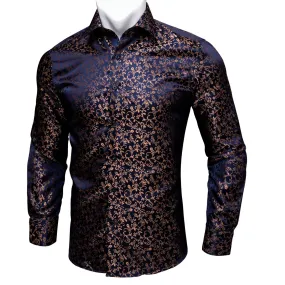 Ties2you Classic Navy BLue Golden Floral Silk Men's Shirt