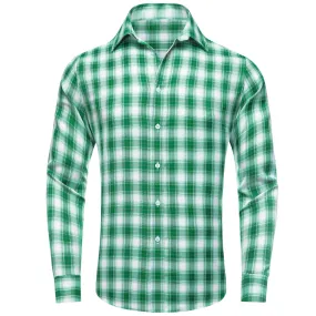 Ties2you Men's Shirt Green White Plaid Men's Silk Long Sleeve Shirt Classic