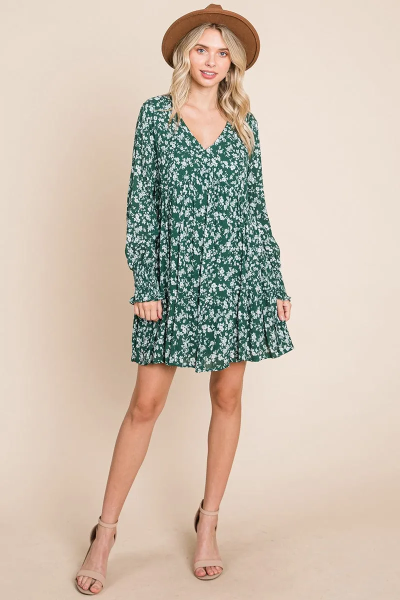 V neck Floral Printed Long Sleeve Pleated Dress