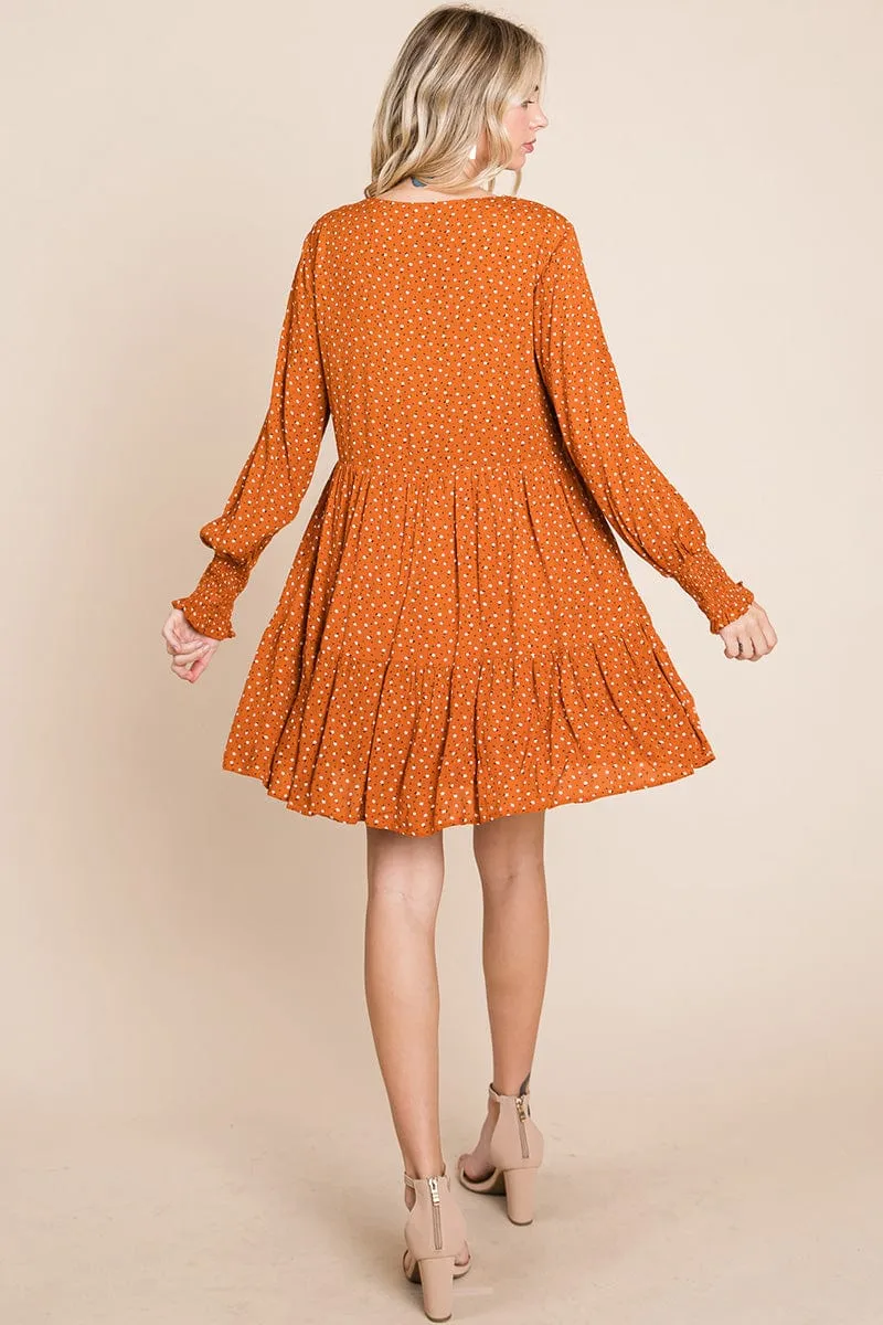 V neck Floral Printed Long Sleeve Pleated Dress