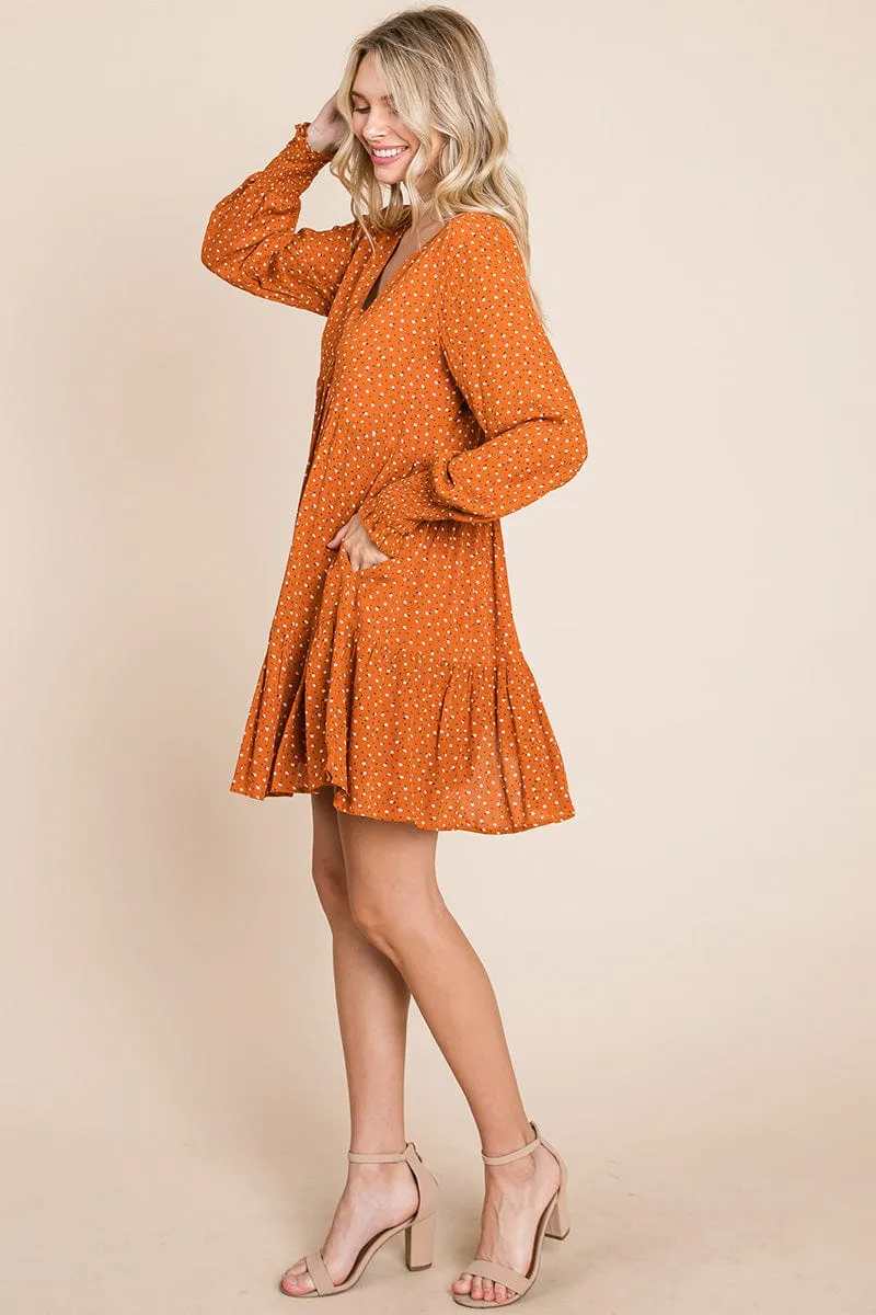 V neck Floral Printed Long Sleeve Pleated Dress