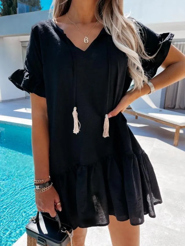 V-neck short sleeve loose thin Pleated Dress