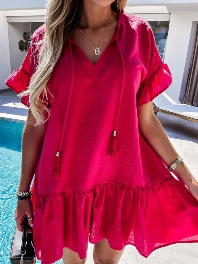 V-neck short sleeve loose thin Pleated Dress