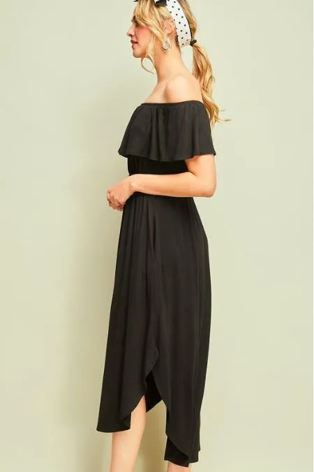 View From The Sun Black Off-the-Shoulder Midi Dress