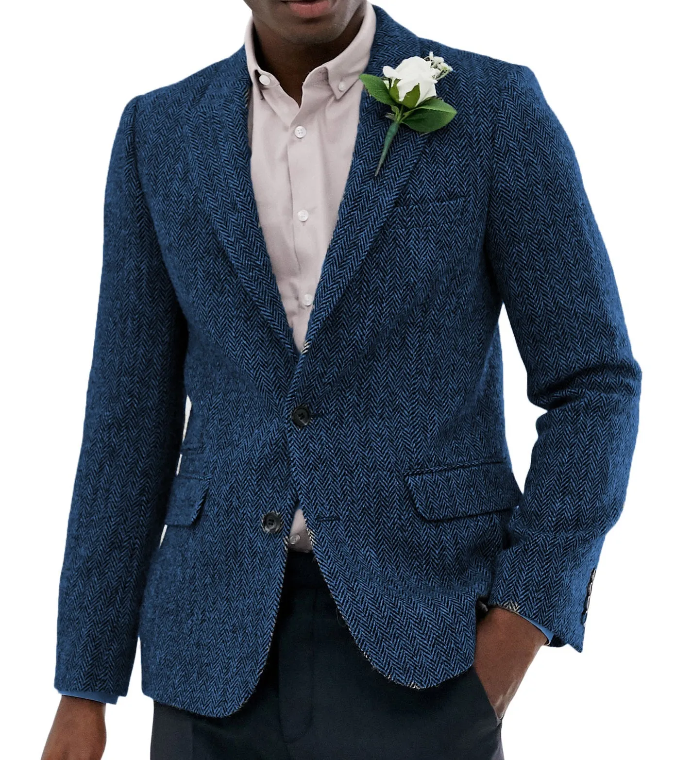 Vintage Classical Men's Wool Herringbone Notch Lapel Blazer