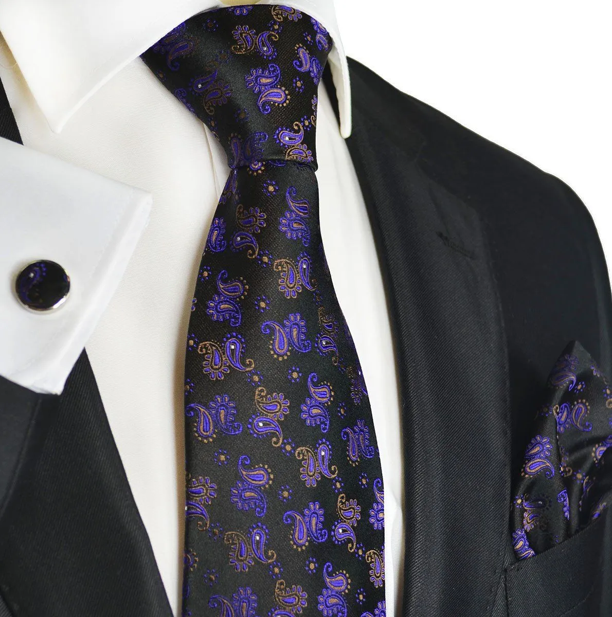 Violet and Black Paisley Silk Men's Tie and Accessories by Paul Malone