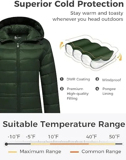 Wantdo Women's Hooded Jackets Packable Lightweight Down Jacket Windproof Long XL