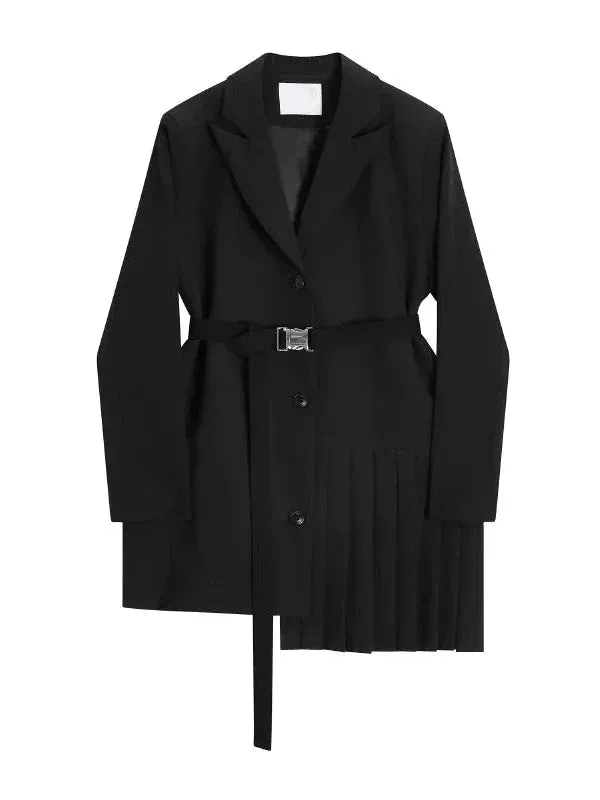 Wenkouban-Winter outfits Christmas Irregular Length Long Black Suit Blazer with Belt