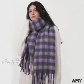 Winter Warm Cashmere Fashion Purple Gray Gradient Plaid Scarf