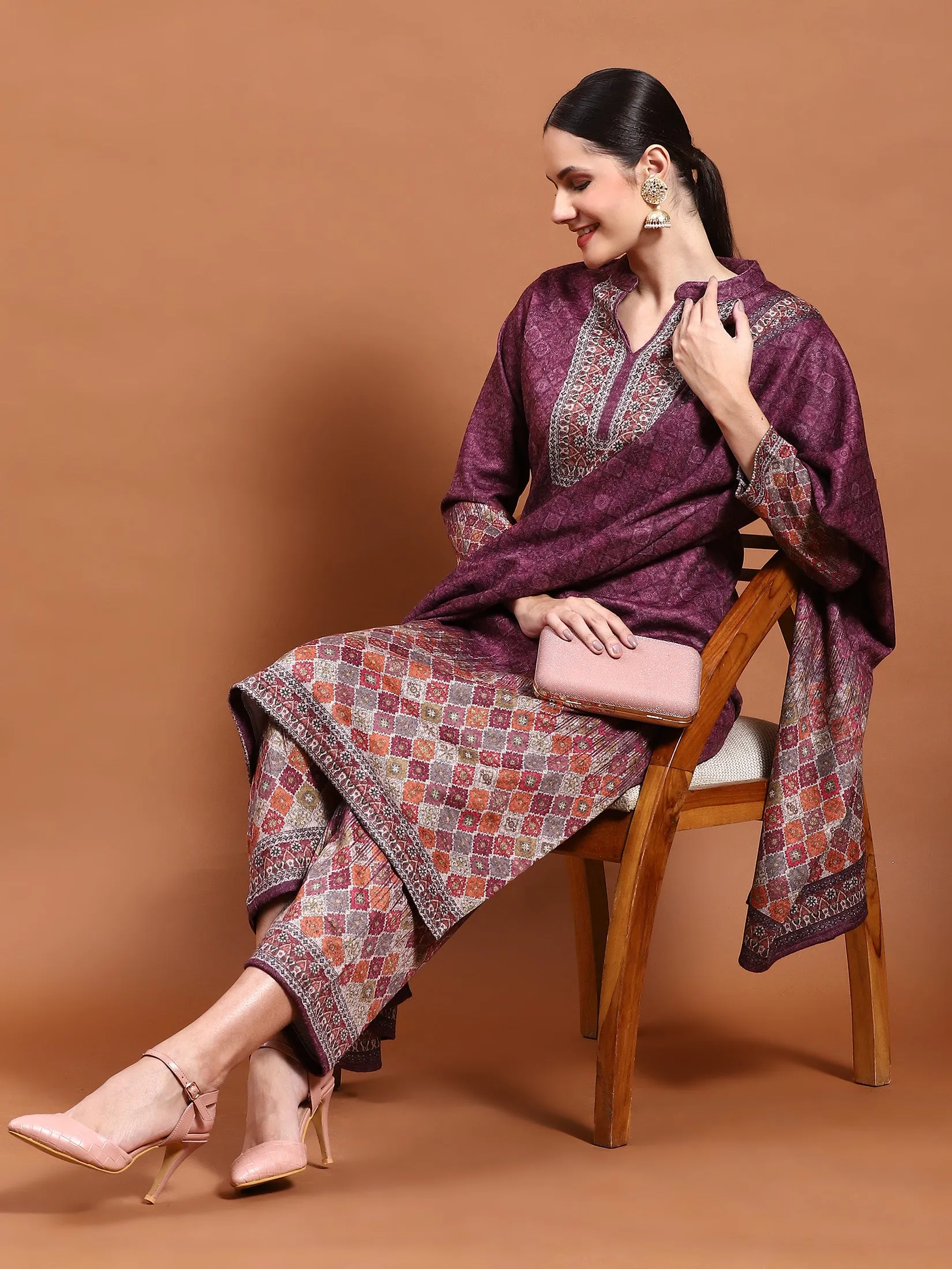 Winter Women Burgundy Printed Kurta Bottom Dupatta