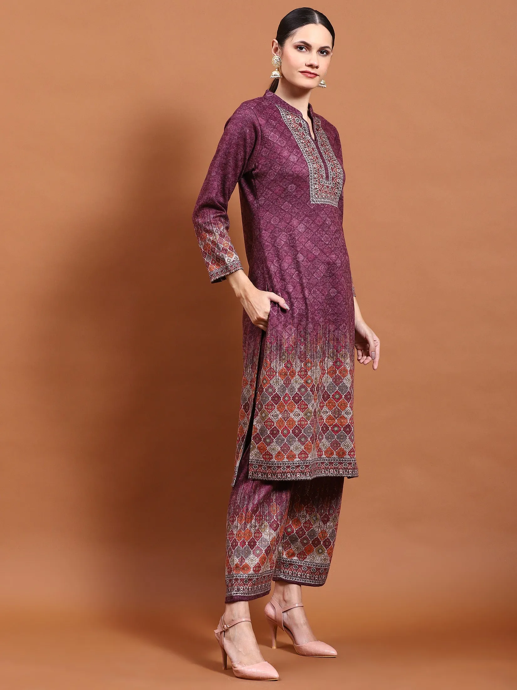 Winter Women Burgundy Printed Kurta Bottom Dupatta