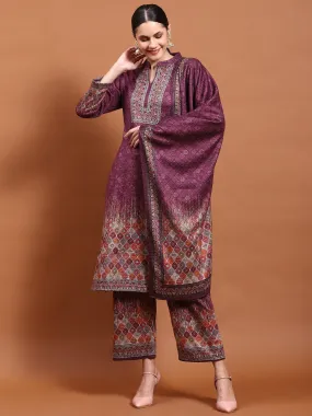 Winter Women Burgundy Printed Kurta Bottom Dupatta