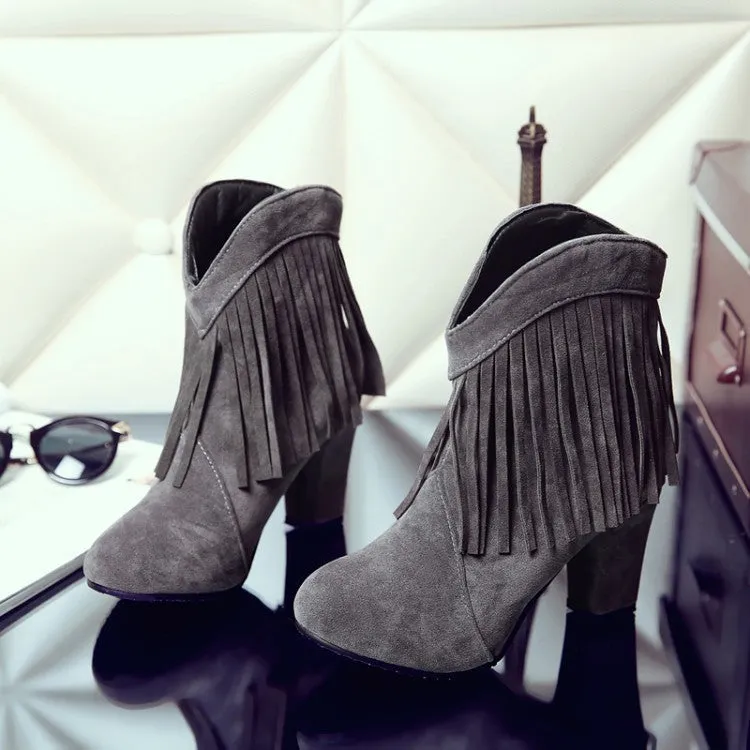 Women chunky high heel pointed toe short fringe boots