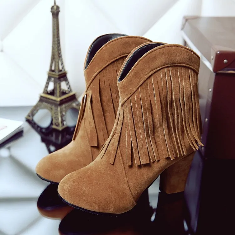 Women chunky high heel pointed toe short fringe boots