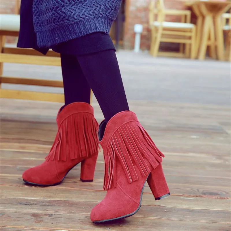 Women chunky high heel pointed toe short fringe boots