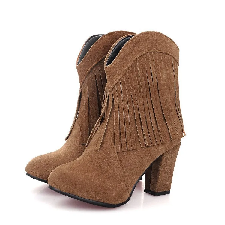 Women chunky high heel pointed toe short fringe boots