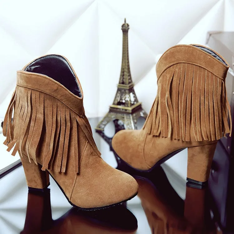 Women chunky high heel pointed toe short fringe boots