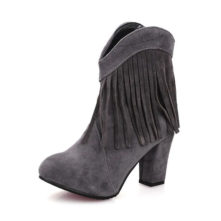 Women chunky high heel pointed toe short fringe boots