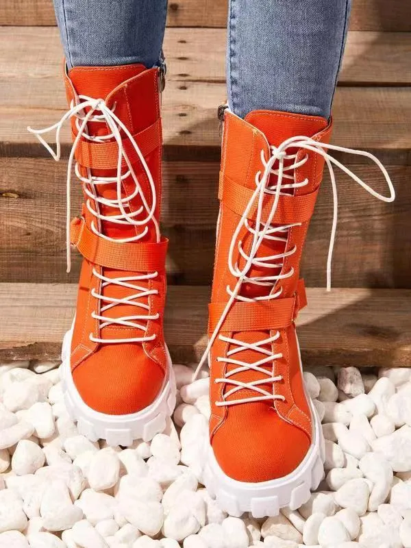 Women chunky platform lace up buckle strap mid calf motorcycle boots