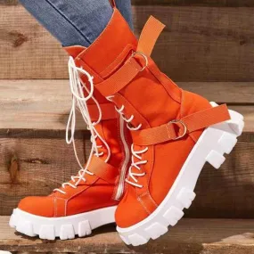 Women chunky platform lace up buckle strap mid calf motorcycle boots